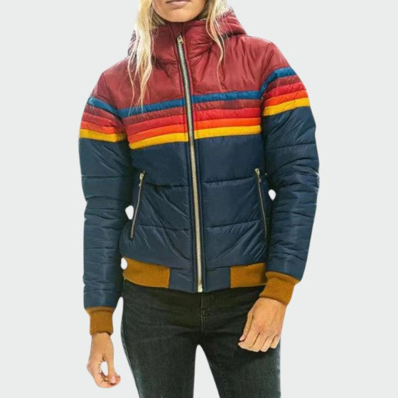 Striped Hooded Puffer Jacket for Women