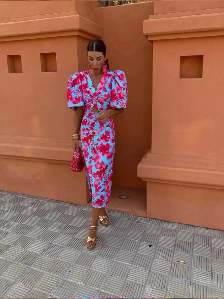 Elegant Women’s Printed Dress with Puff Sleeves