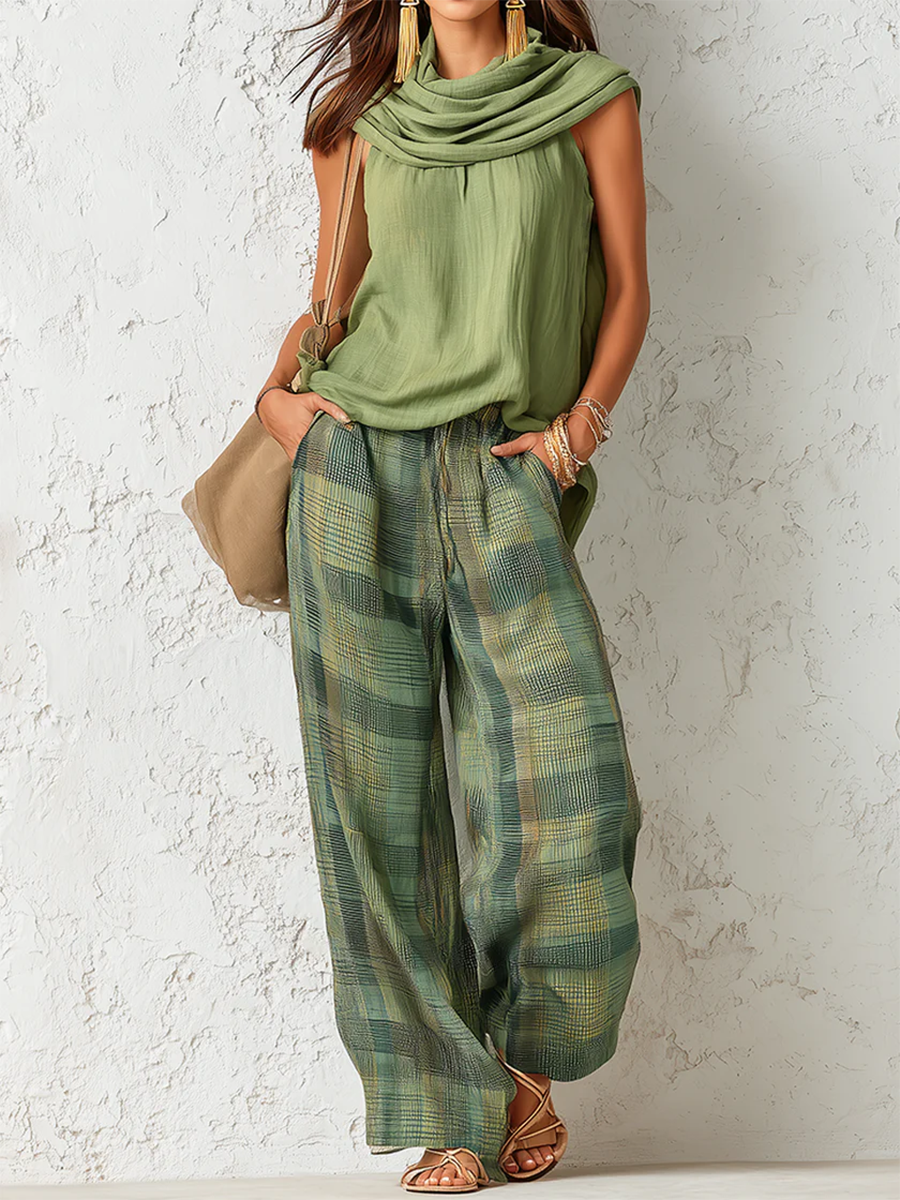 Draped Top and Wide-Leg Trouser Set for Women