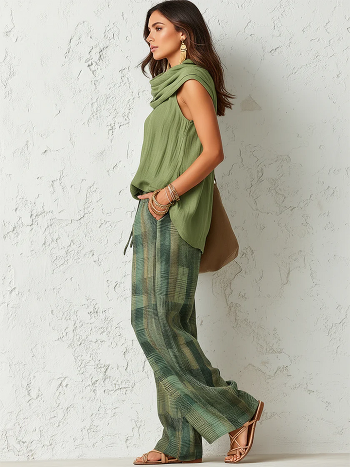 Draped Top and Wide-Leg Trouser Set for Women