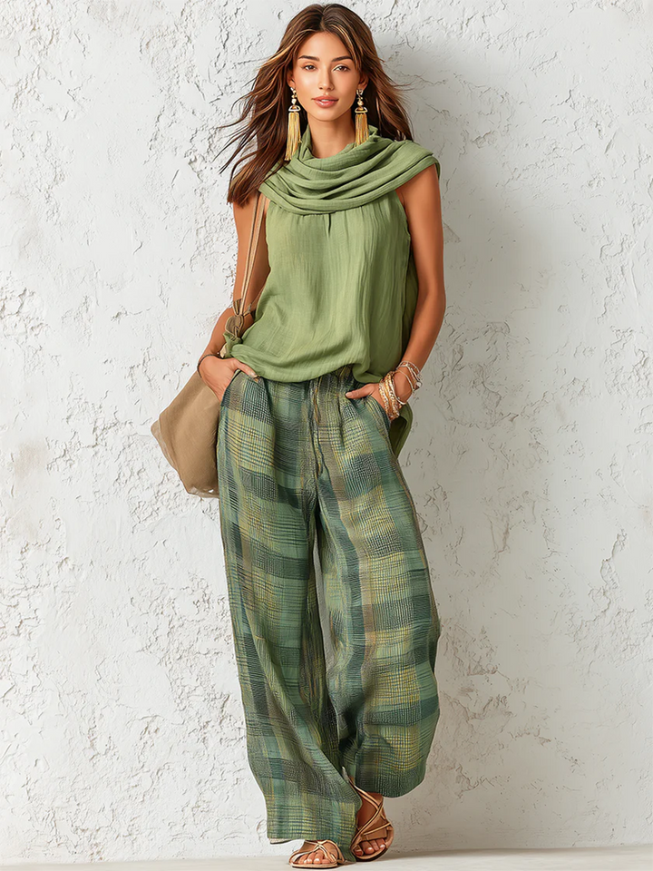 Draped Top and Wide-Leg Trouser Set for Women