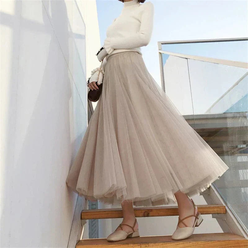 High Waist Tulle Midi Skirt for Women