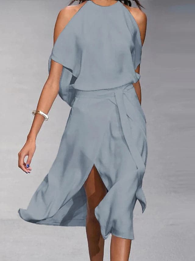 Halter Neck Midi Dress with Slit for Women
