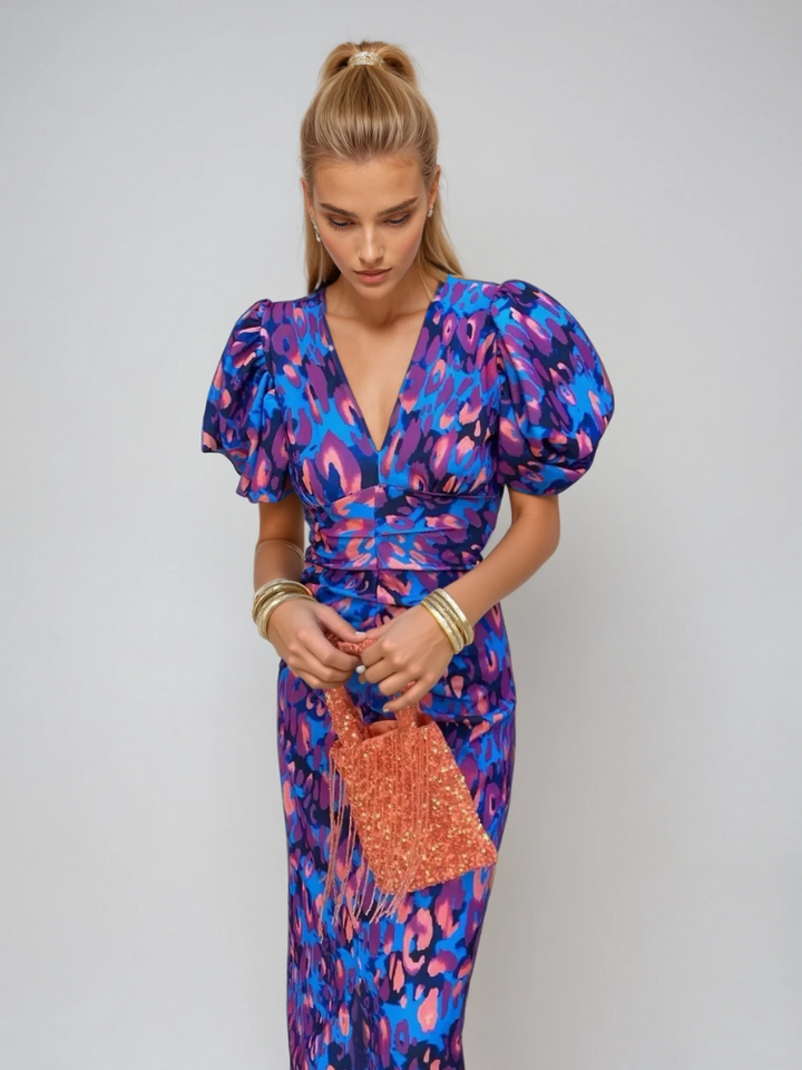 Elegant Women’s Printed Dress with Puff Sleeves