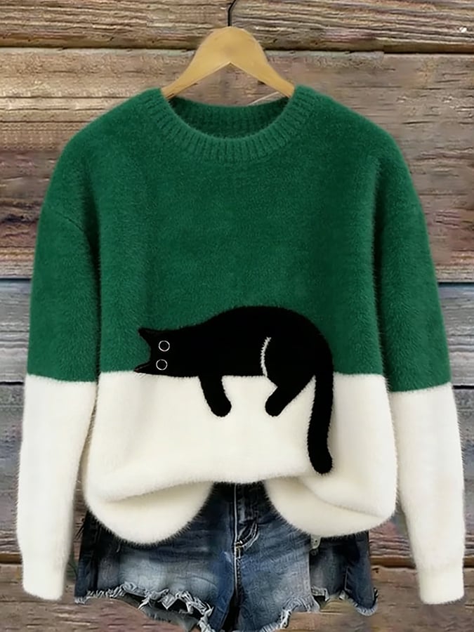 Cat Print Pullover Sweater for Women