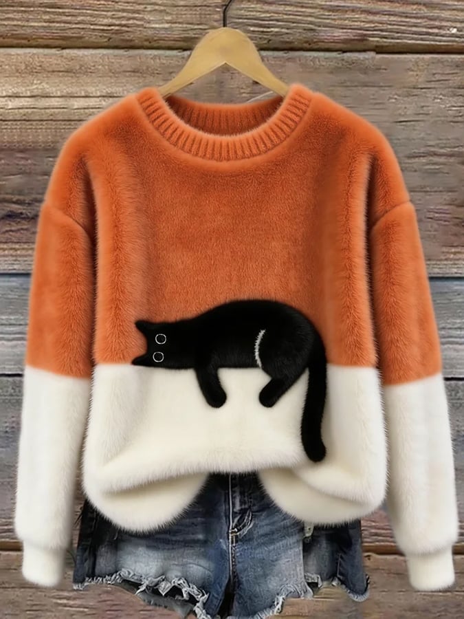 Cat Print Pullover Sweater for Women