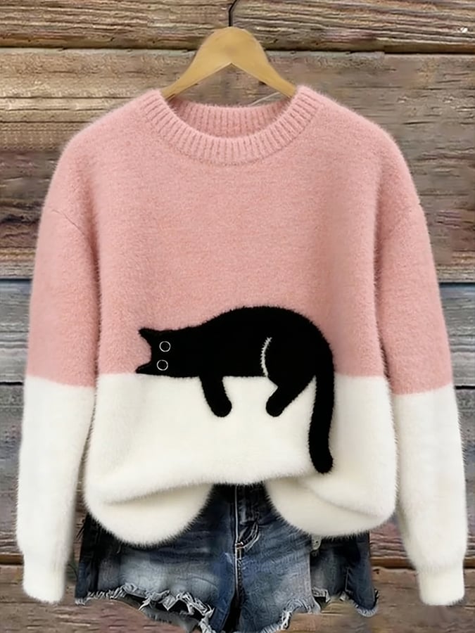 Cat Print Pullover Sweater for Women