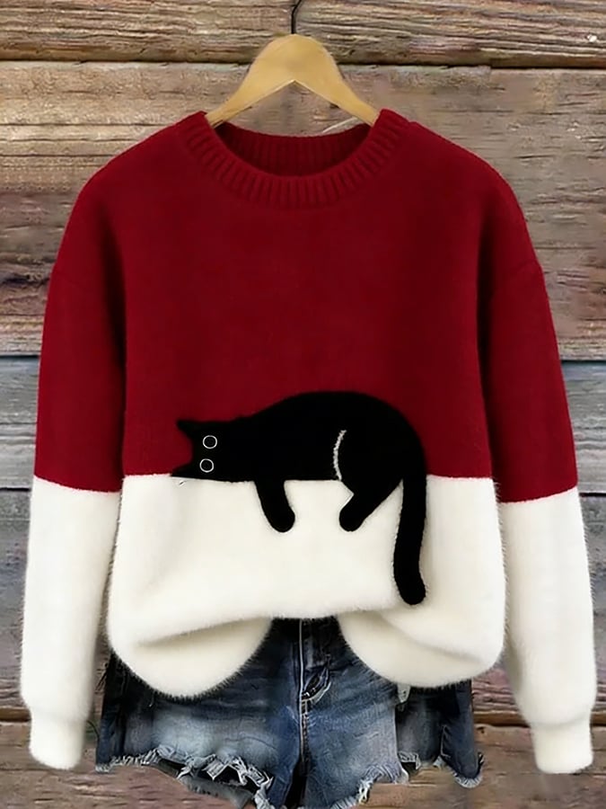 Cat Print Pullover Sweater for Women