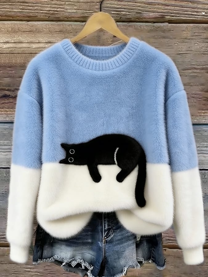 Cat Print Pullover Sweater for Women