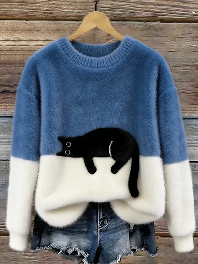 Cat Print Pullover Sweater for Women