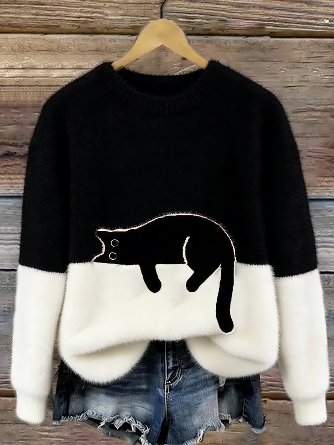 Cat Print Pullover Sweater for Women
