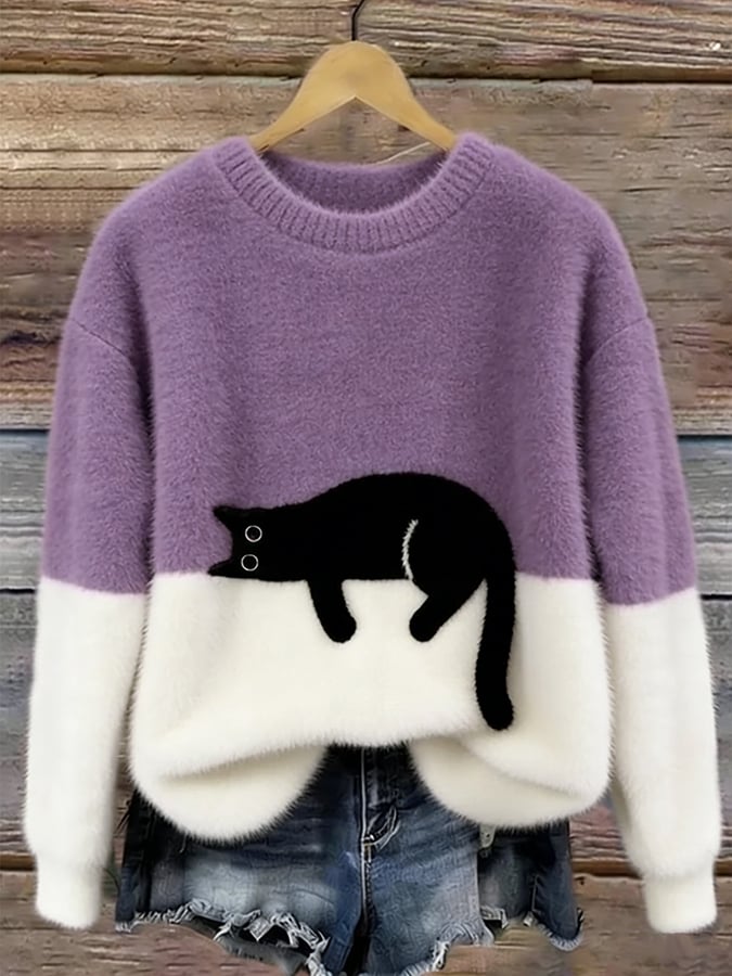 Cat Print Pullover Sweater for Women