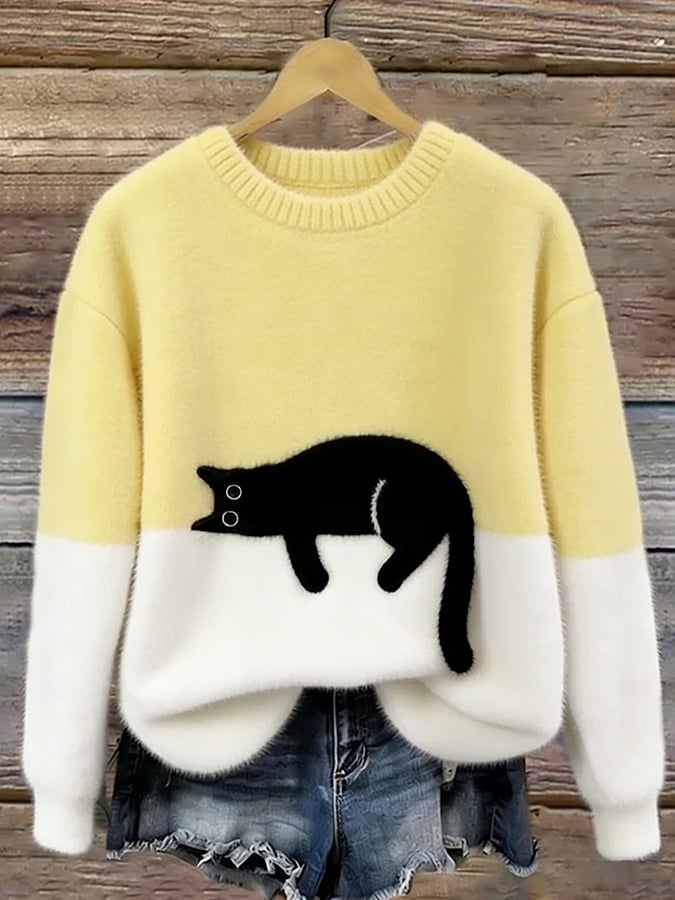 Cat Print Pullover Sweater for Women