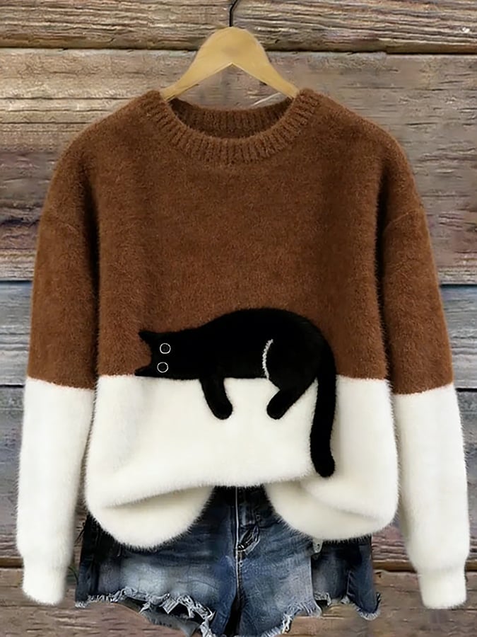 Cat Print Pullover Sweater for Women