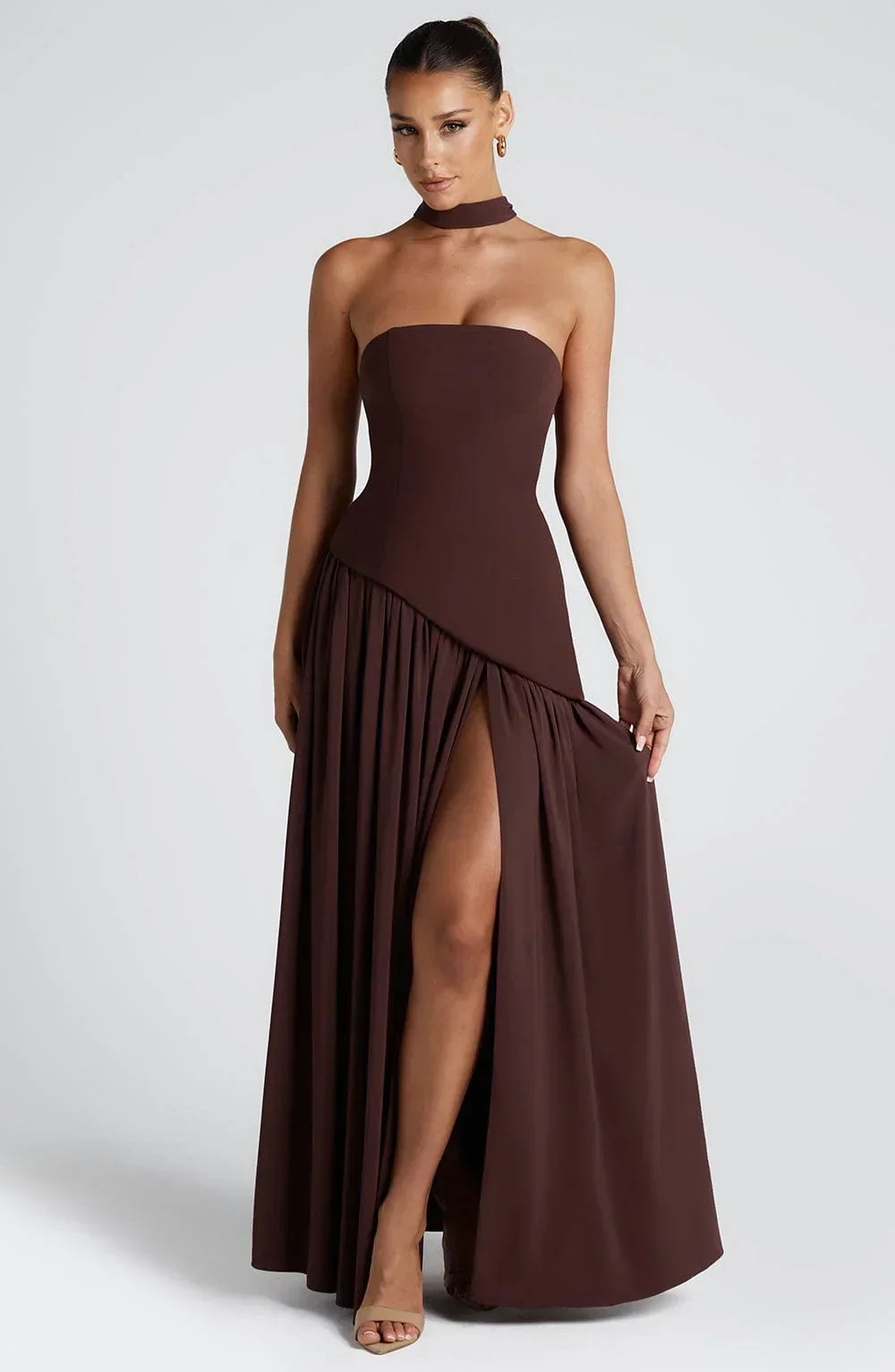 Strapless Asymmetric Slit Maxi Dress for Women