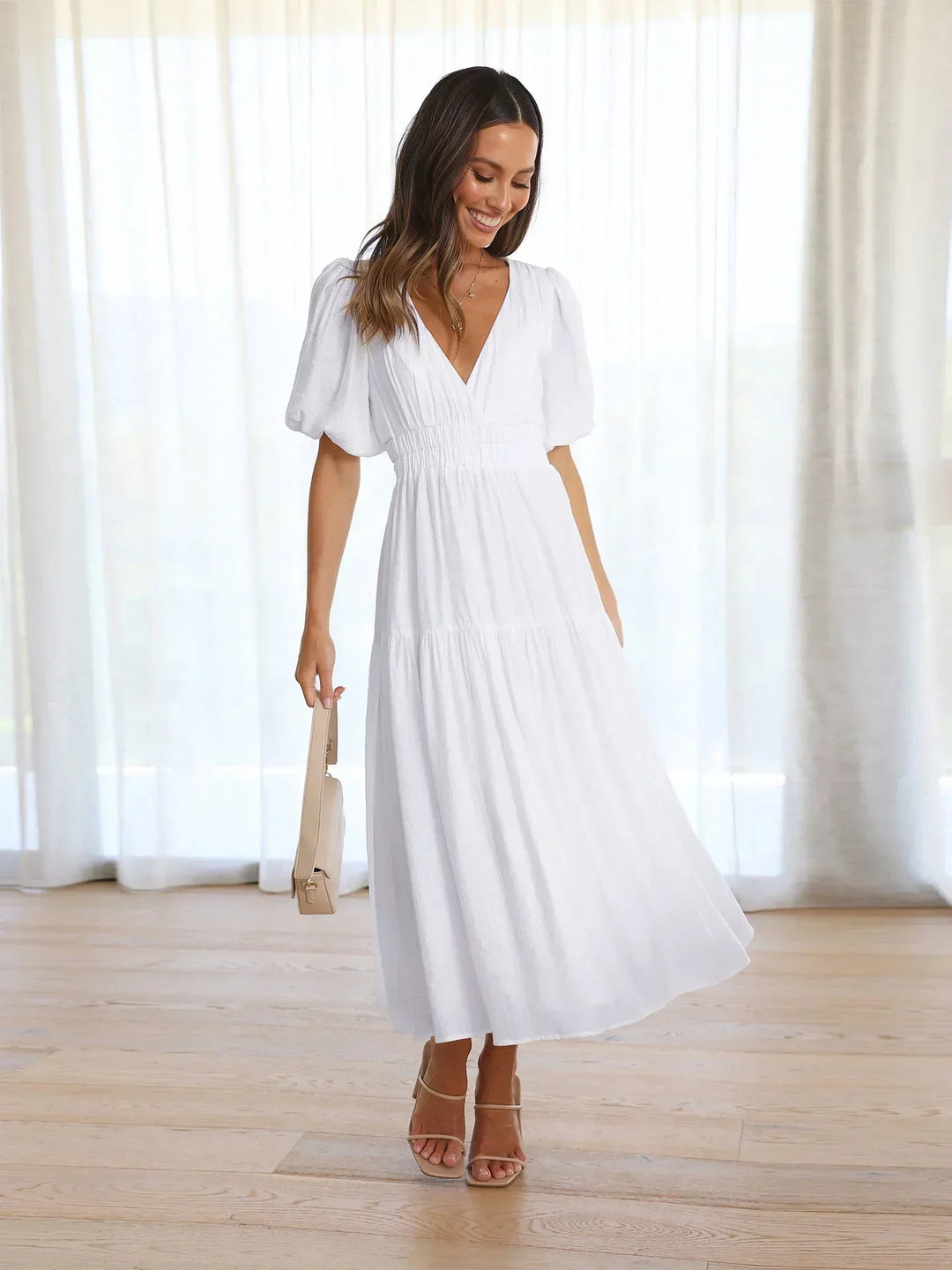 Puff Sleeve V-Neck Midi Dress for Women