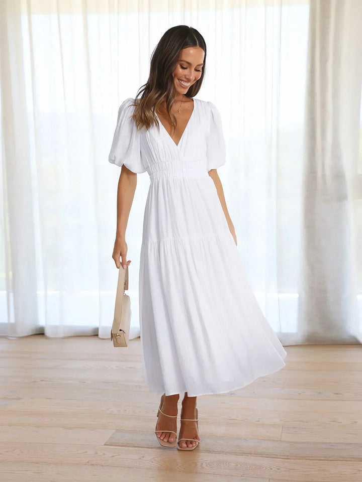 Puff Sleeve V-Neck Midi Dress for Women