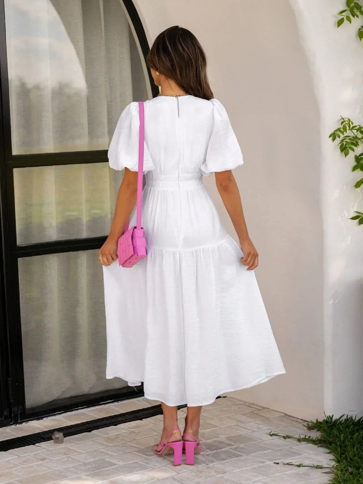 Puff Sleeve V-Neck Midi Dress for Women