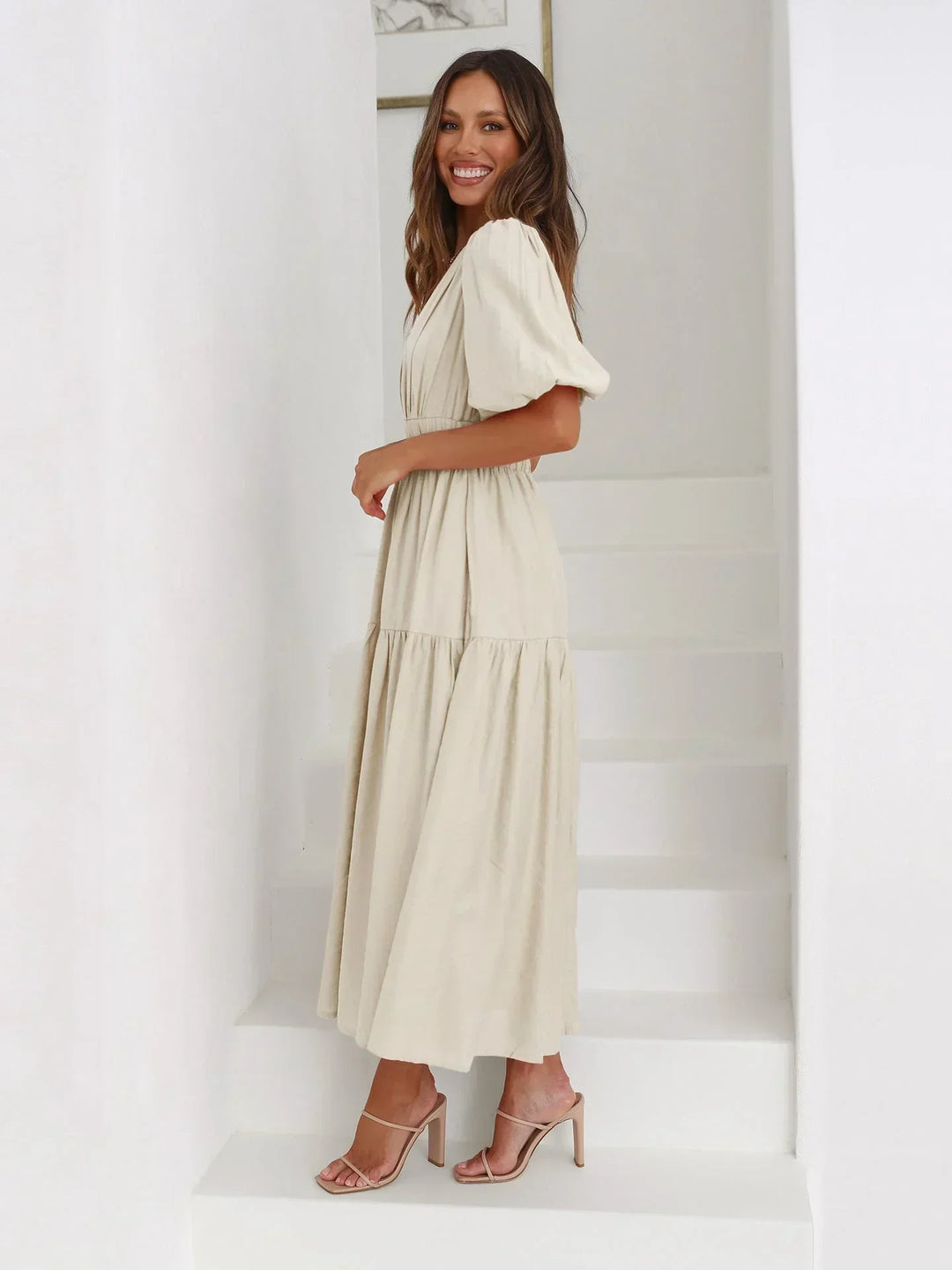Puff Sleeve V-Neck Midi Dress for Women