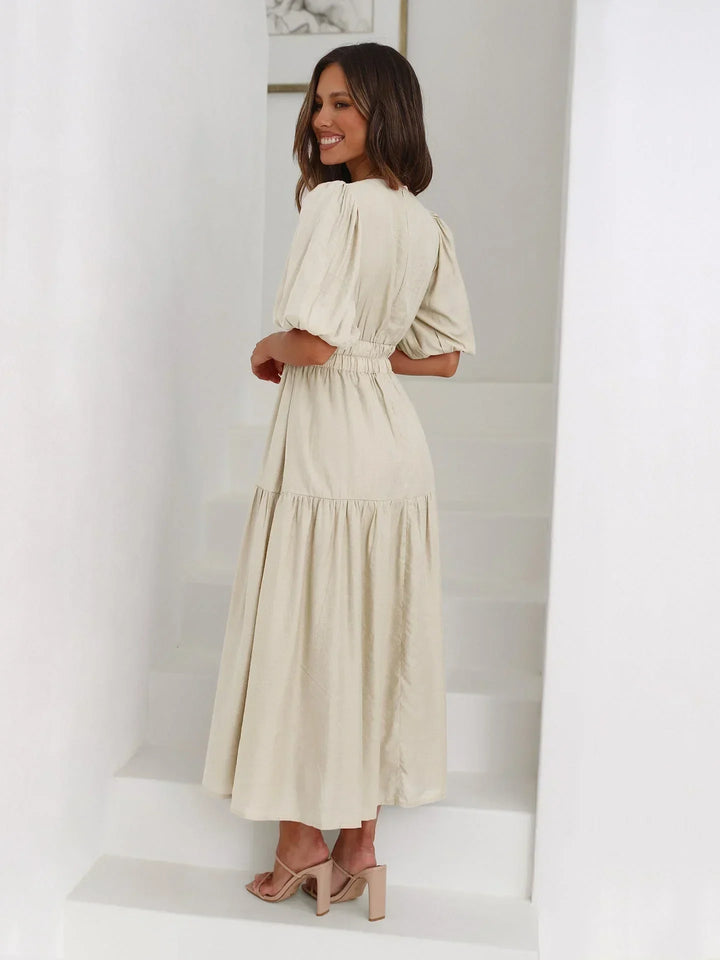 Puff Sleeve V-Neck Midi Dress for Women