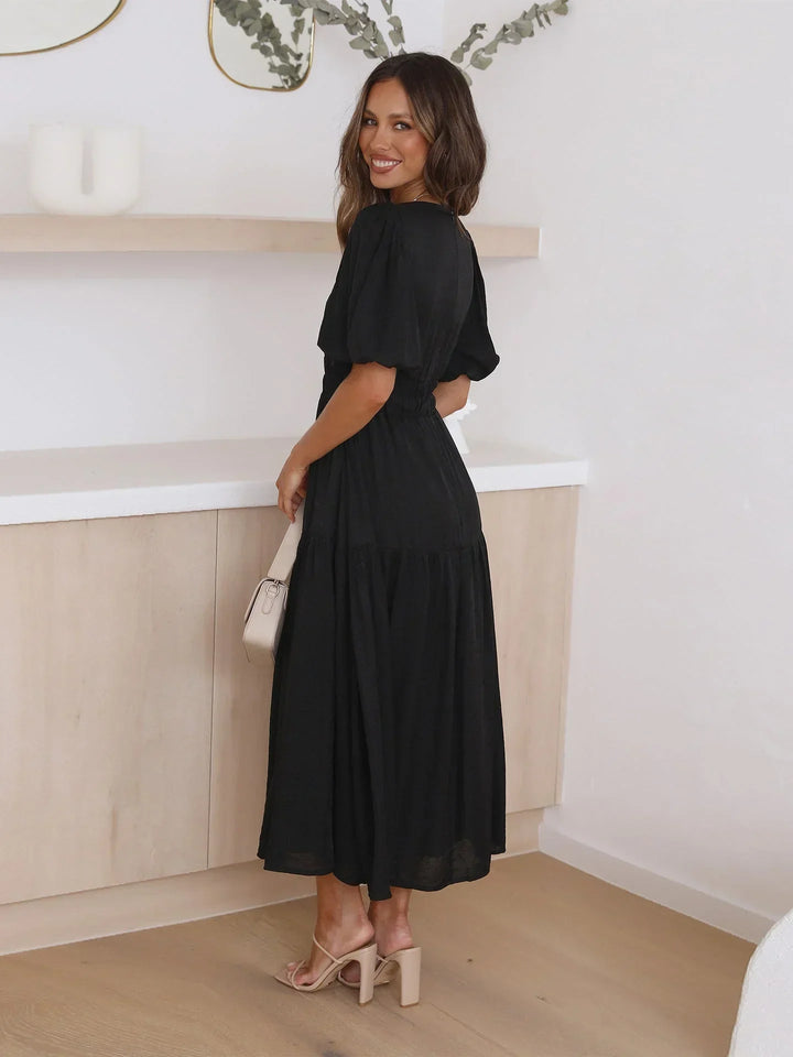 Puff Sleeve V-Neck Midi Dress for Women
