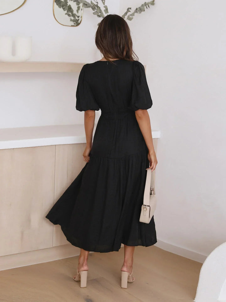 Puff Sleeve V-Neck Midi Dress for Women