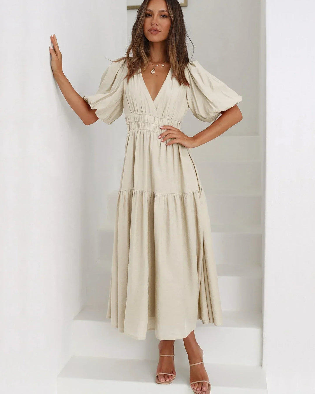 Puff Sleeve V-Neck Midi Dress for Women