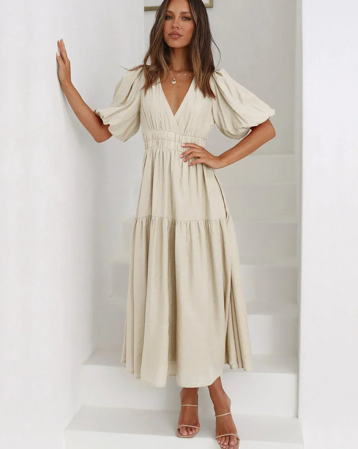Puff Sleeve V-Neck Midi Dress for Women