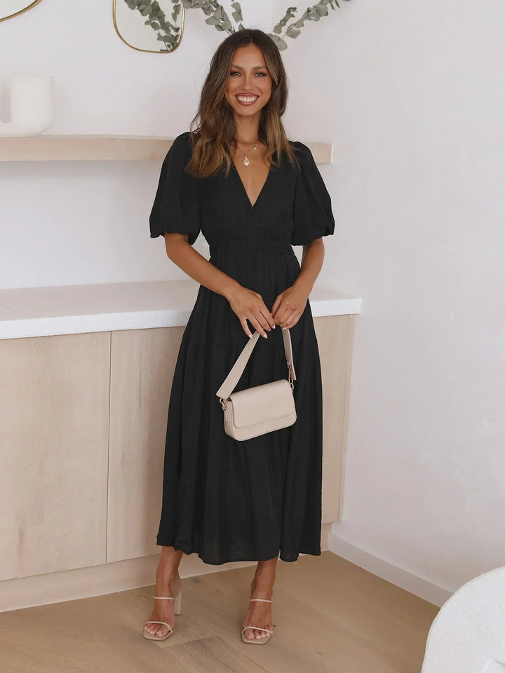 Puff Sleeve V-Neck Midi Dress for Women