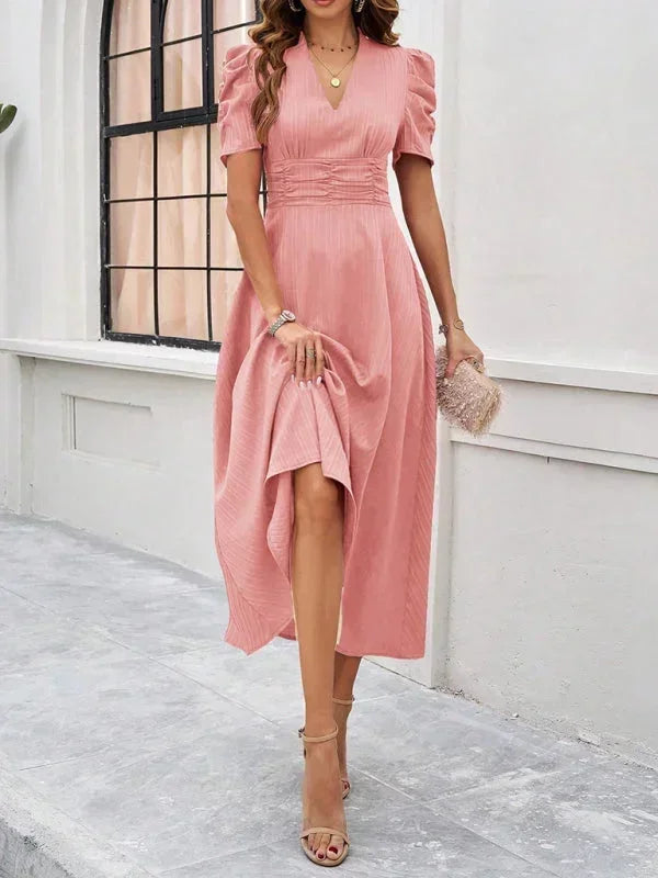 V-Neck Puff Sleeve Midi Dress for Women