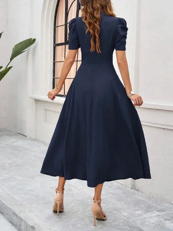 V-Neck Puff Sleeve Midi Dress for Women