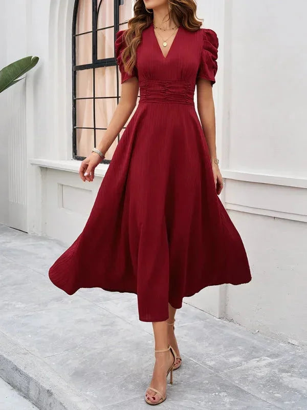 V-Neck Puff Sleeve Midi Dress for Women