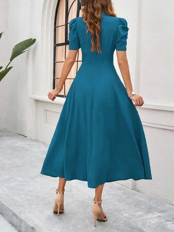 V-Neck Puff Sleeve Midi Dress for Women