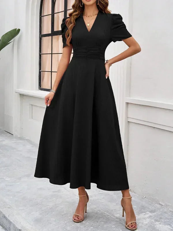 V-Neck Puff Sleeve Midi Dress for Women