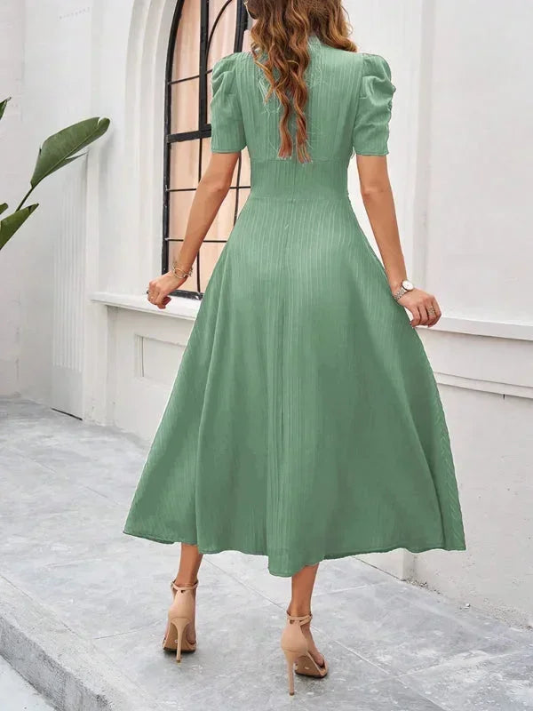 V-Neck Puff Sleeve Midi Dress for Women