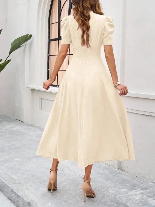 V-Neck Puff Sleeve Midi Dress for Women