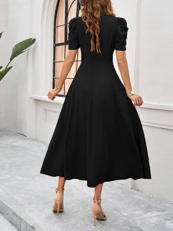 V-Neck Puff Sleeve Midi Dress for Women