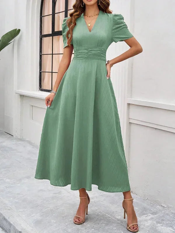 V-Neck Puff Sleeve Midi Dress for Women