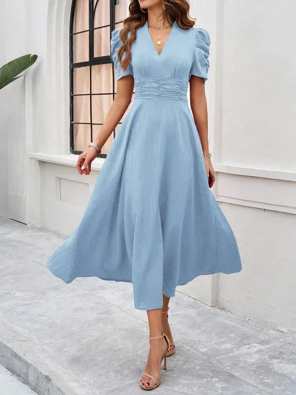 V-Neck Puff Sleeve Midi Dress for Women