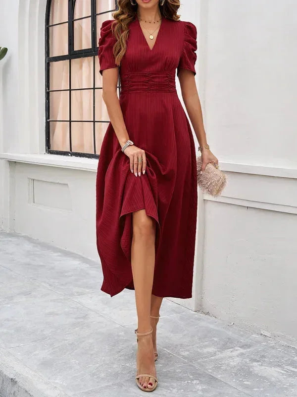 V-Neck Puff Sleeve Midi Dress for Women