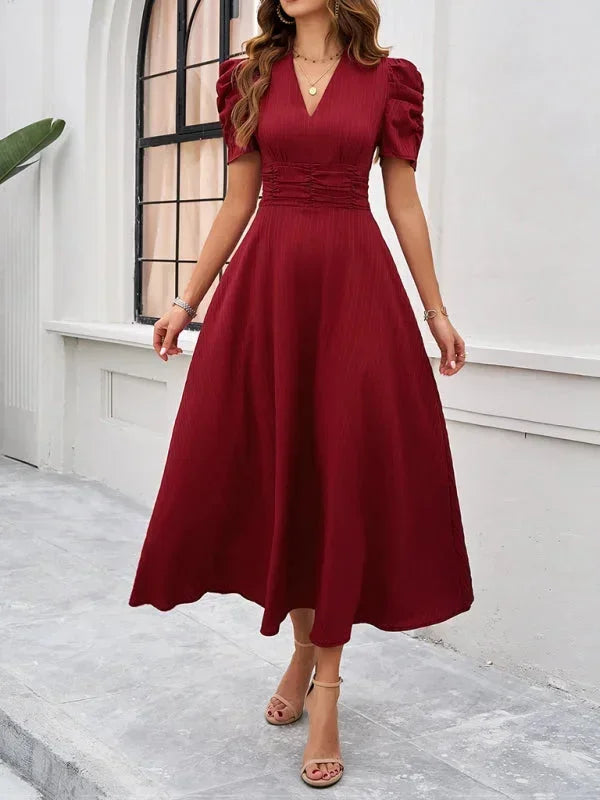 V-Neck Puff Sleeve Midi Dress for Women