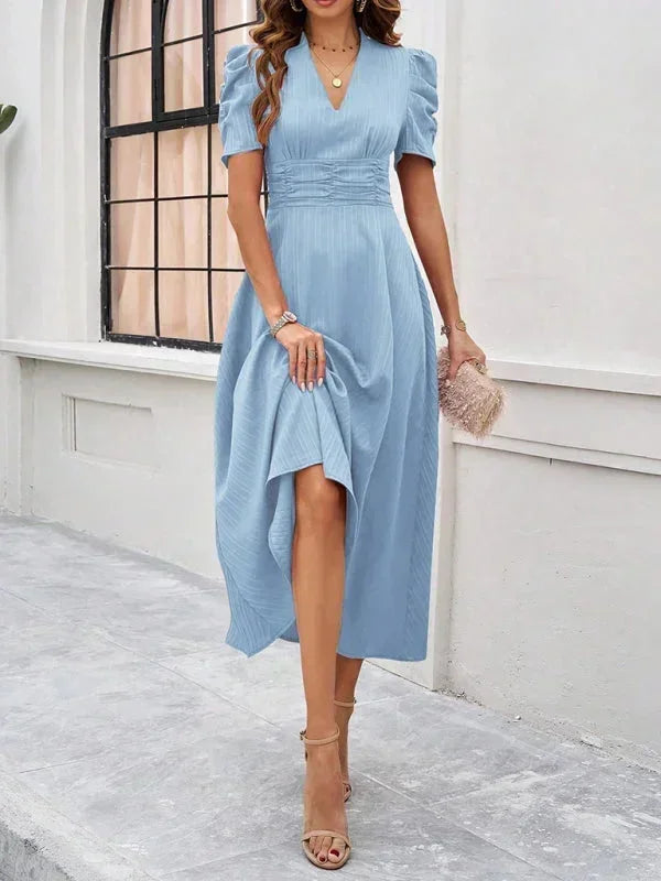 V-Neck Puff Sleeve Midi Dress for Women
