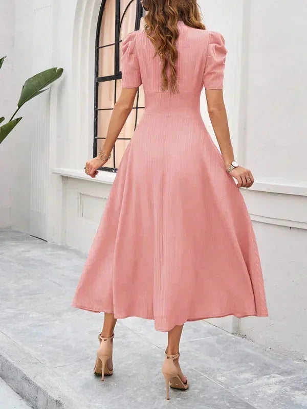 V-Neck Puff Sleeve Midi Dress for Women