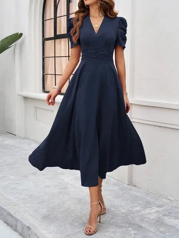 V-Neck Puff Sleeve Midi Dress for Women