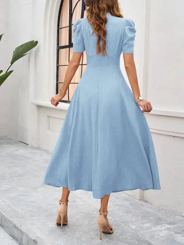 V-Neck Puff Sleeve Midi Dress for Women