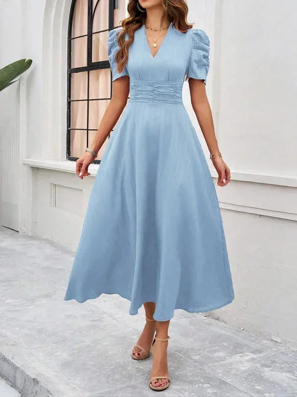 V-Neck Puff Sleeve Midi Dress for Women