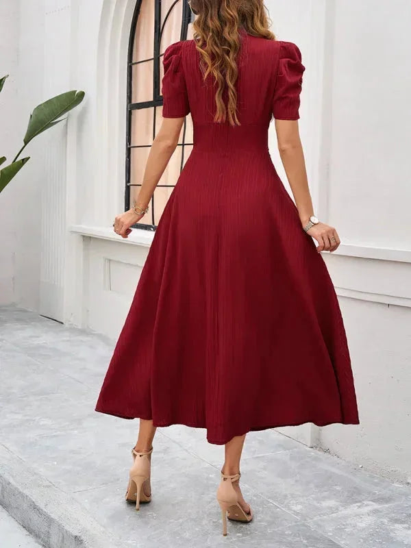 V-Neck Puff Sleeve Midi Dress for Women