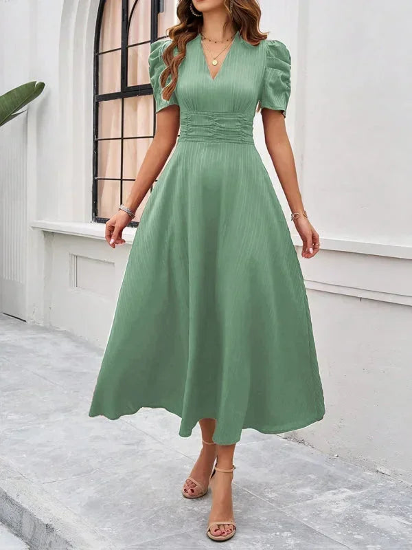 V-Neck Puff Sleeve Midi Dress for Women