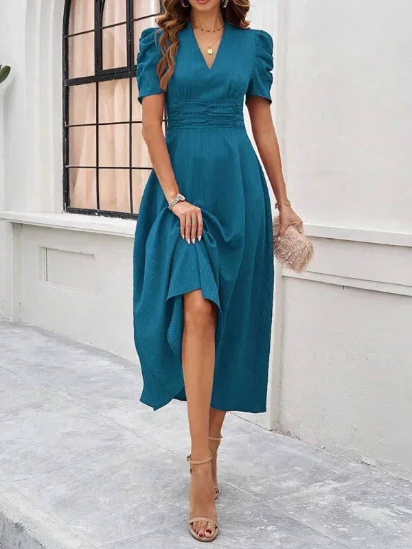 V-Neck Puff Sleeve Midi Dress for Women