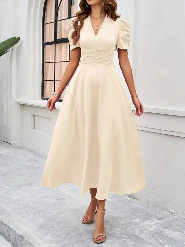 V-Neck Puff Sleeve Midi Dress for Women